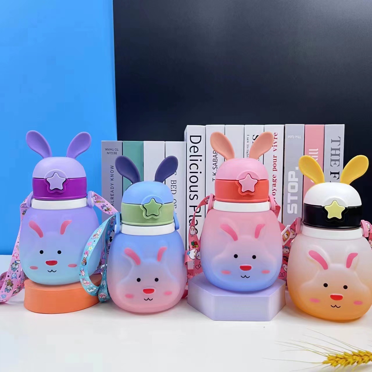 Y96 Children's Thermos Mug Gradient with Straw Bunny Cute Water Glass Student Toddler Anti-Fall Water Pot