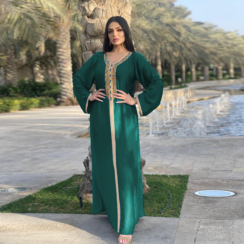 Ab073 Middle East Cross-Border Women's Clothing Dress Hot Drilling Ribbon Lace Abaya Dubai Muslim Fashion Robe