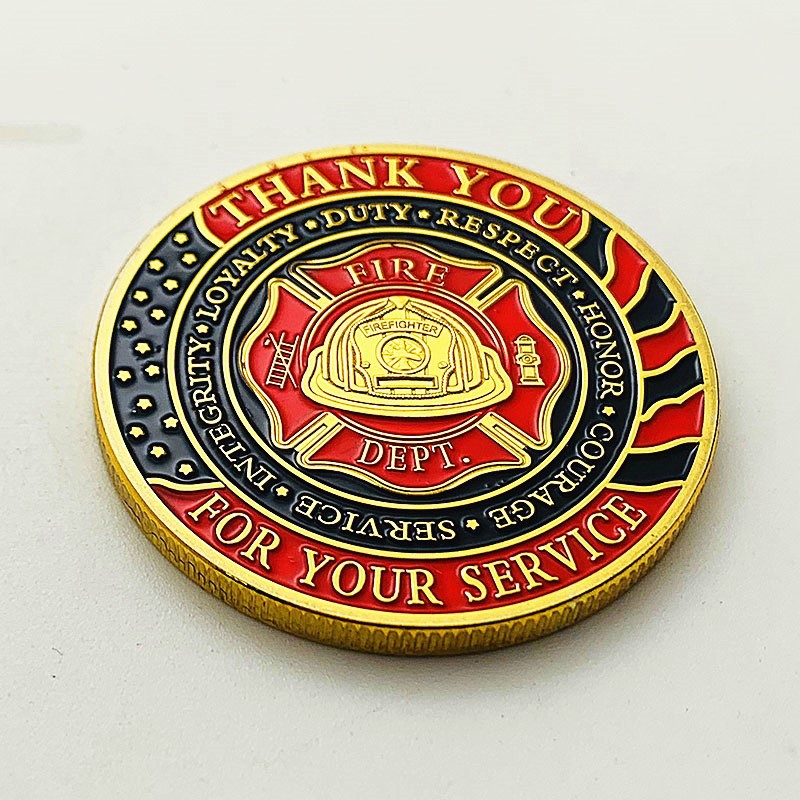 代发消防队镀金纪念章 彩绘条旗荣耀金币消防员硬币外贸纪念币
