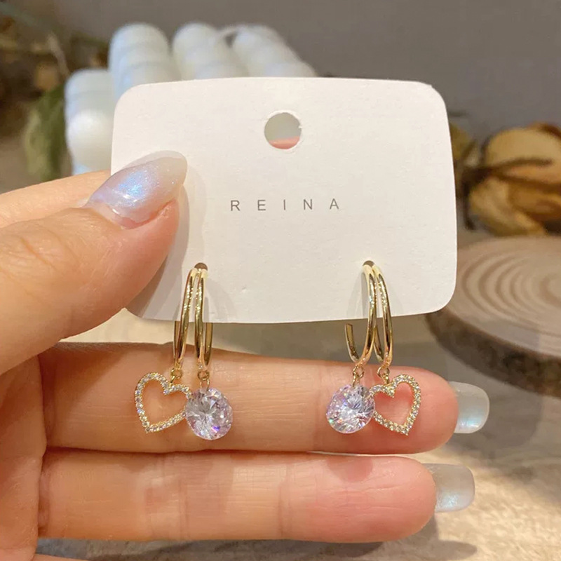 South Korea Dongdaemun Double Circle Love Girly Temperamental All-Match Earrings 925 Silver Needle Zircon Small Love Heart Stud Earrings Earrings