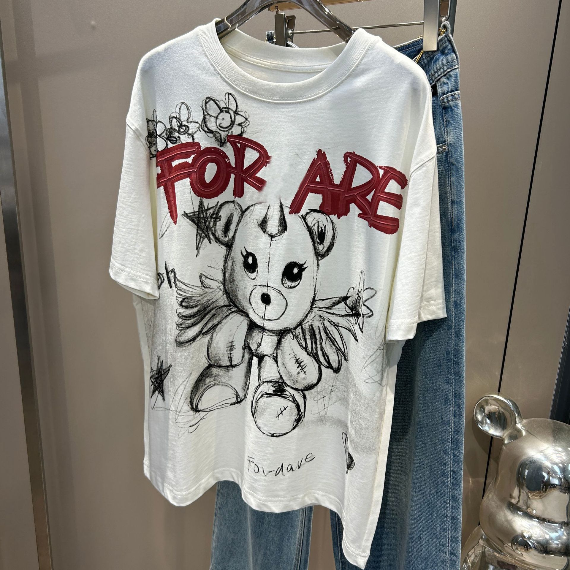 南油高货-pear vortex夏季新款独角兽小熊字母印花设计宽松短袖女