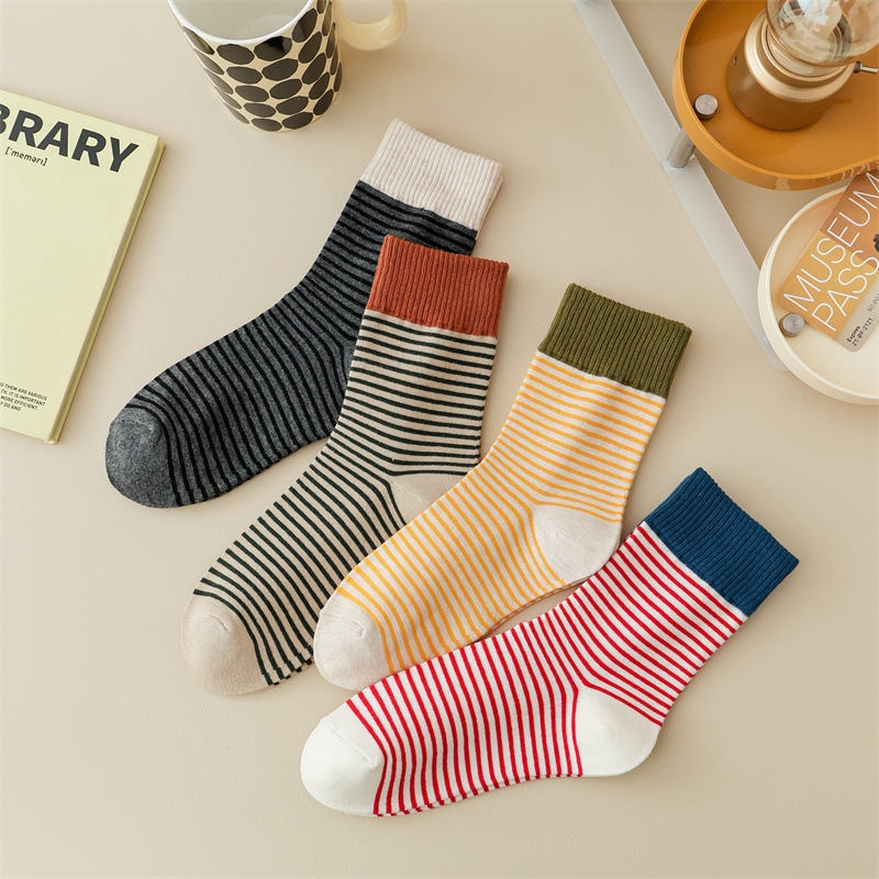 美拉德撞色罗口条纹袜子女秋冬女生堆堆袜韩国东大门复古风中筒袜