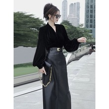 新款黑色上衣+黑色长裙套装两件套气质时尚年轻通勤女装