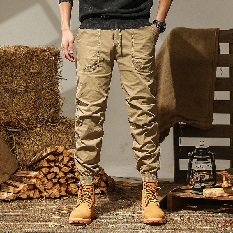 Spring and Autumn Washed-out Vintage Casual Pants Men‘s Ankle-Tied Zipper Overalls Men‘s Multi-Pocket Trousers Sports Trousers Cotton Elastic Pants