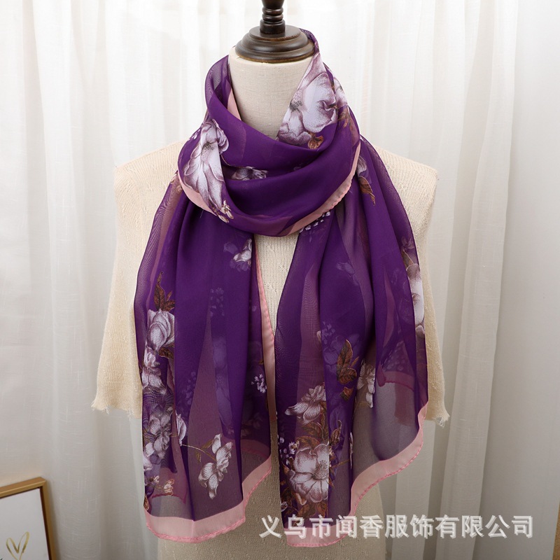 New Printed Silk Scarf Women's Chiffon Scarf Spring and Summer Sun Protection Shawl Autumn and Winter Warm Scarf Middle-Aged Mom Silk Scarf