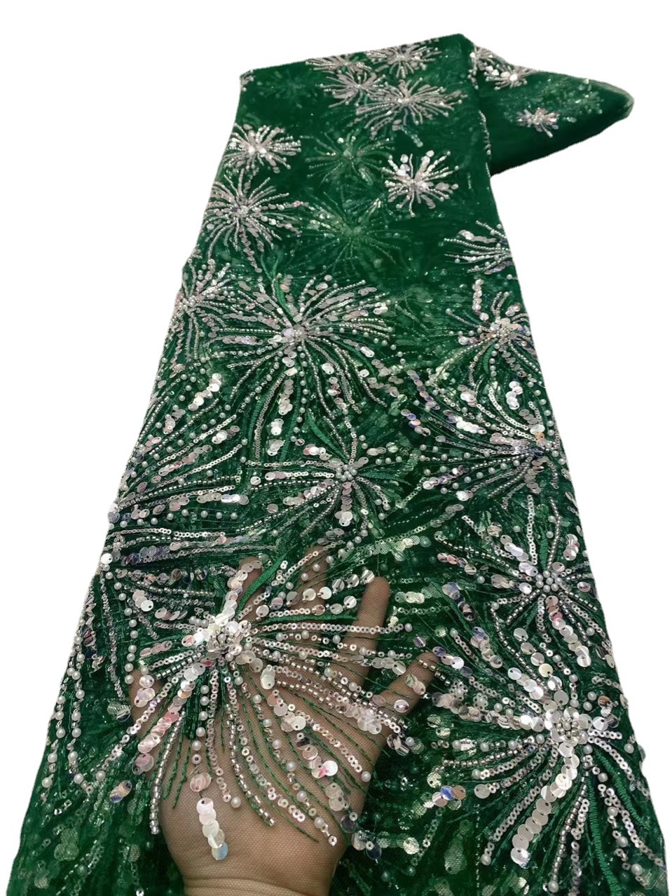 夏镭射植物花型重工亮片绣珠婚纱晚礼服多颜色欧美连衣裙绣花布