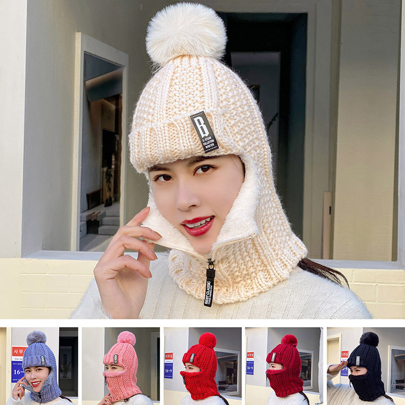 新款冬季女士针织韩版加绒套头护耳帽女骑车毛线拉链围脖保暖帽子
