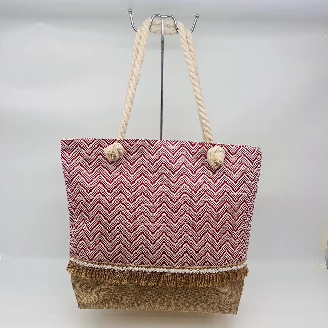 Summer New Cotton and Linen Woven Travel Fashion Striped Stitching Papyrus Raffia Paper Woven Female Large Capacity Shoulder Bag