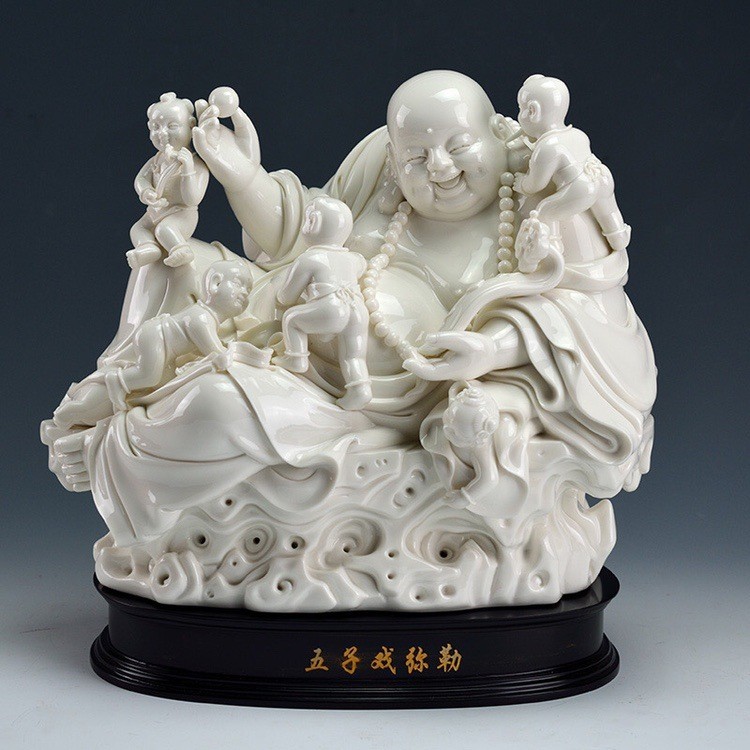 德化陶瓷送子弥勒佛笑佛大肚多仔佛佛像摆件五子登科五子戏弥勒