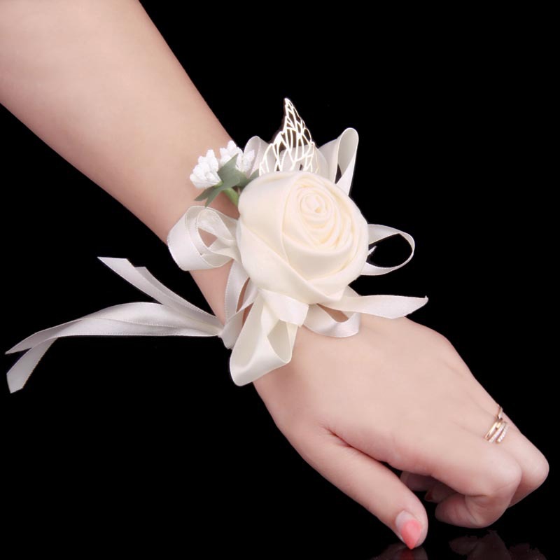 批发韩式新娘伴娘手腕花丝带仿真绸缎玫瑰手花舞蹈结婚用品