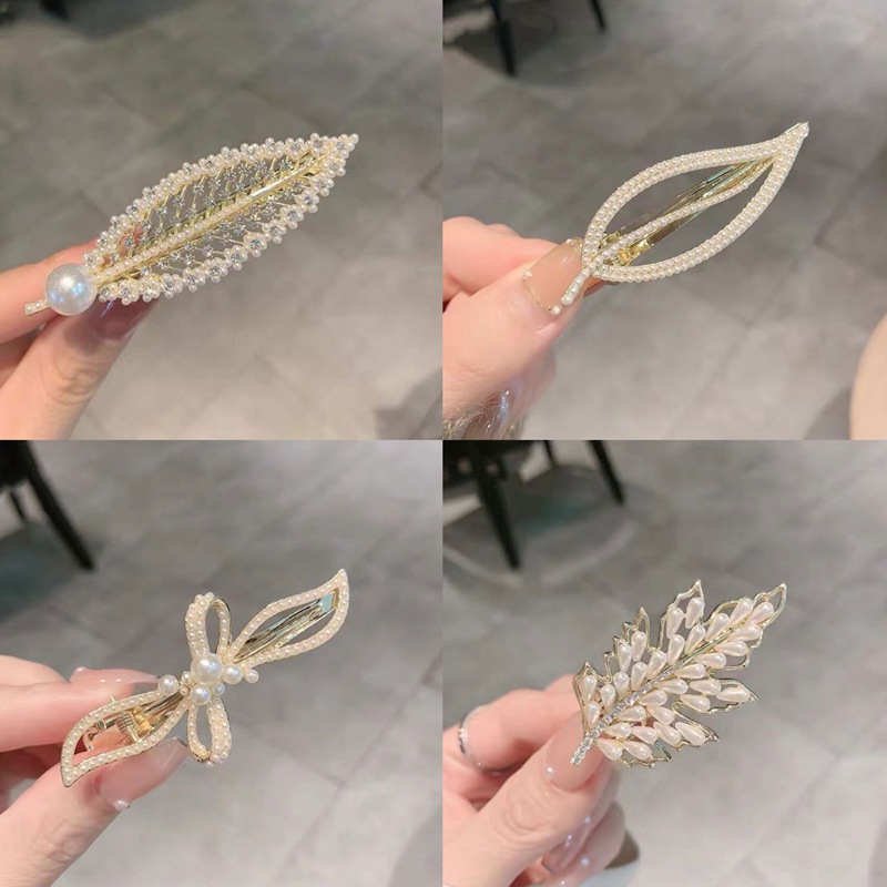 Korean Style Fashion Simple Pearl Leaf Duckbill Clip 2022 New Hairpin Cute and Graceful Side Clip Internet Celebrity Bang Clip