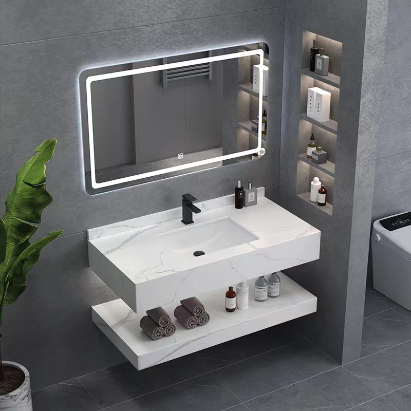 hotel bathroom cabinet combination stone plate double-layer integrated wash basin household bathroom table modern face washing inter-platform basin