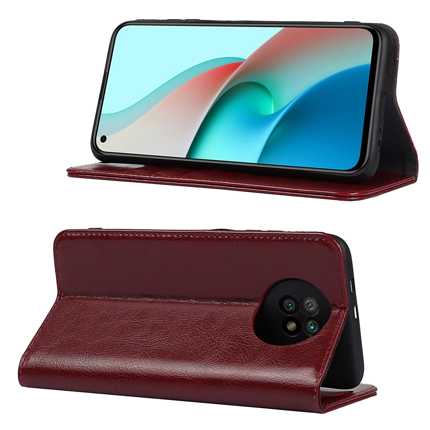 适用红米note 9 5g手机壳红米note9 4g疯马纹真皮双折边皮套批发