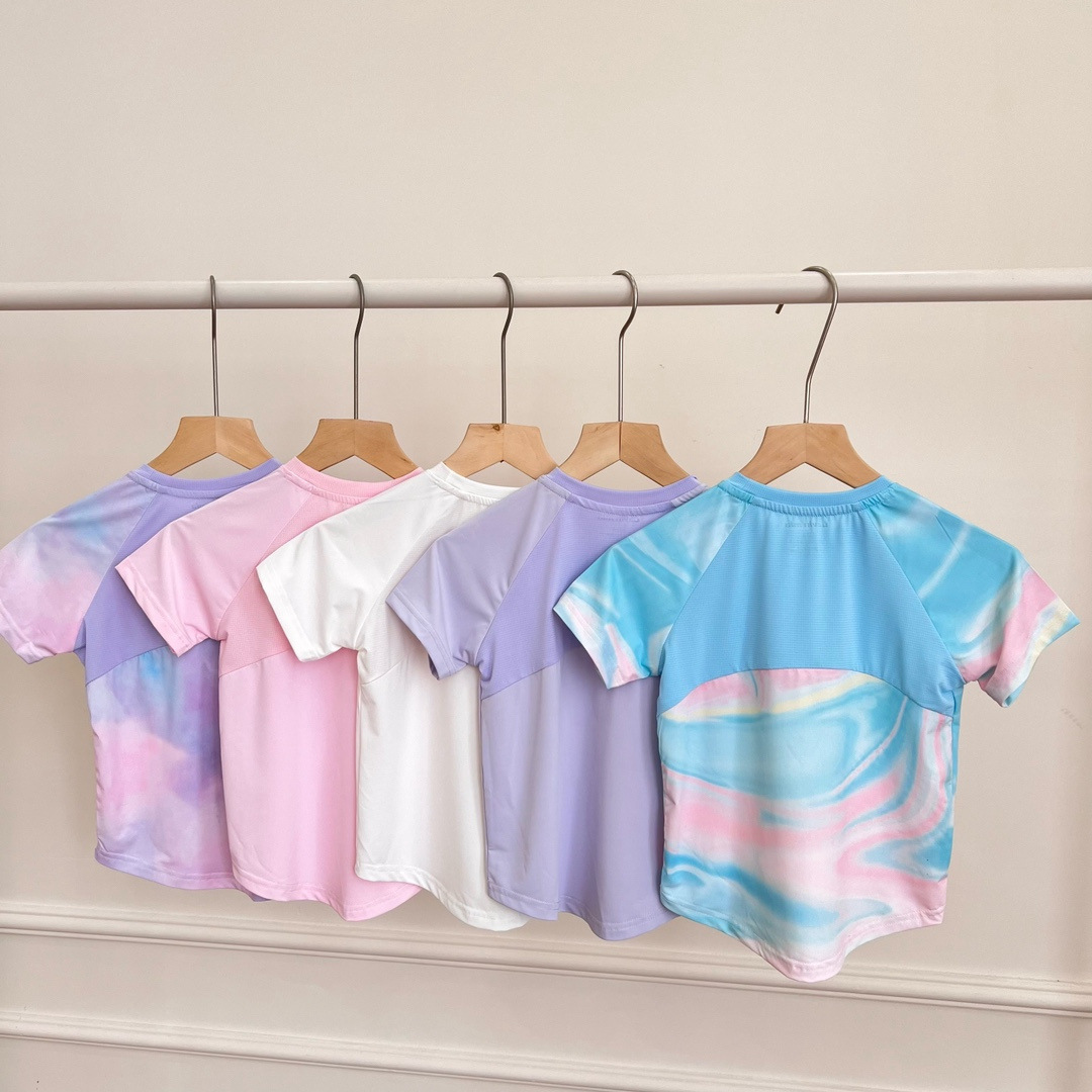 w50805春夏款儿童纯色扎染渲染冰感透气速千运动短袖t恤 一件代发