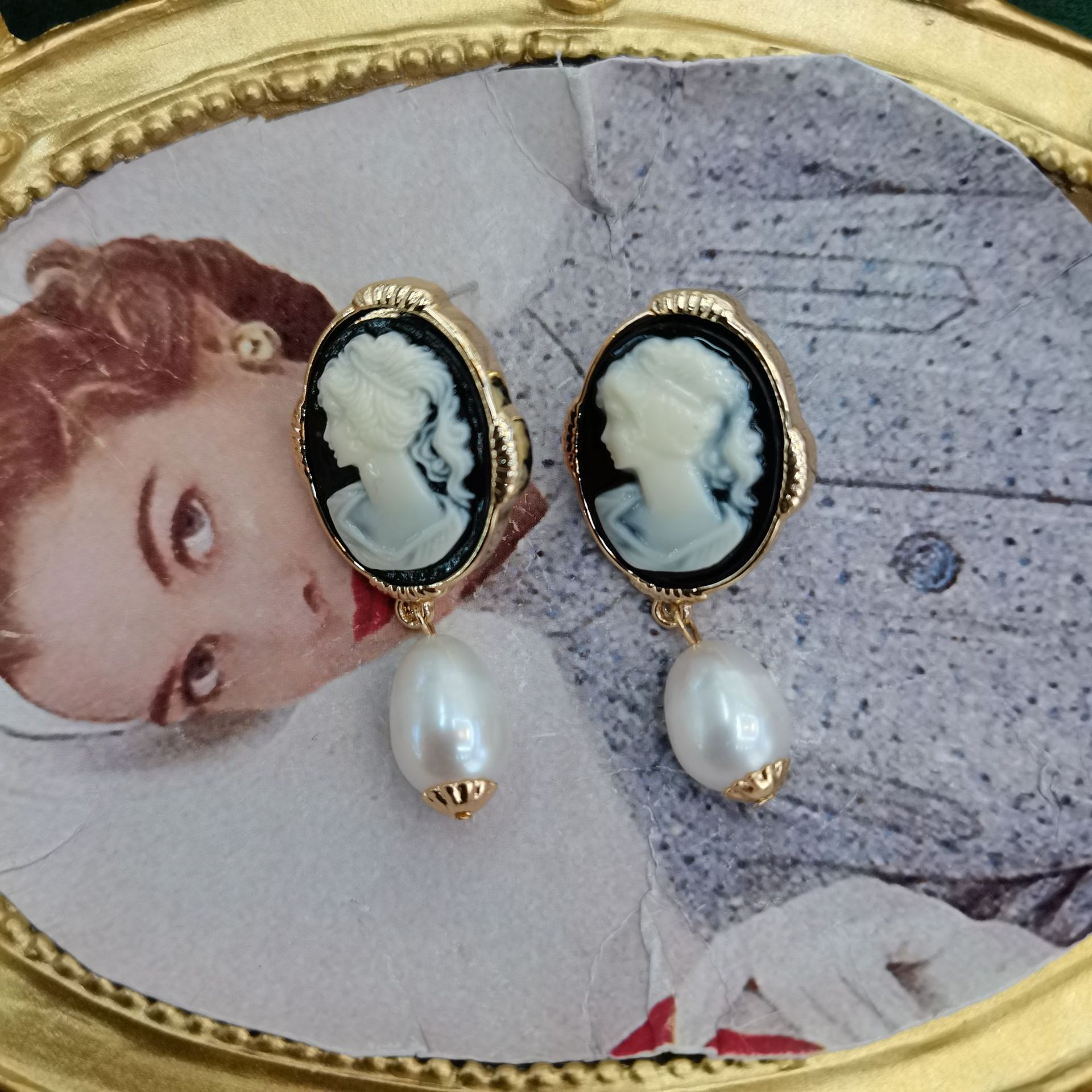 vintage中古饰品欧洲复古卡梅奥美人头天然珍珠耳钉耳环-阿里巴巴