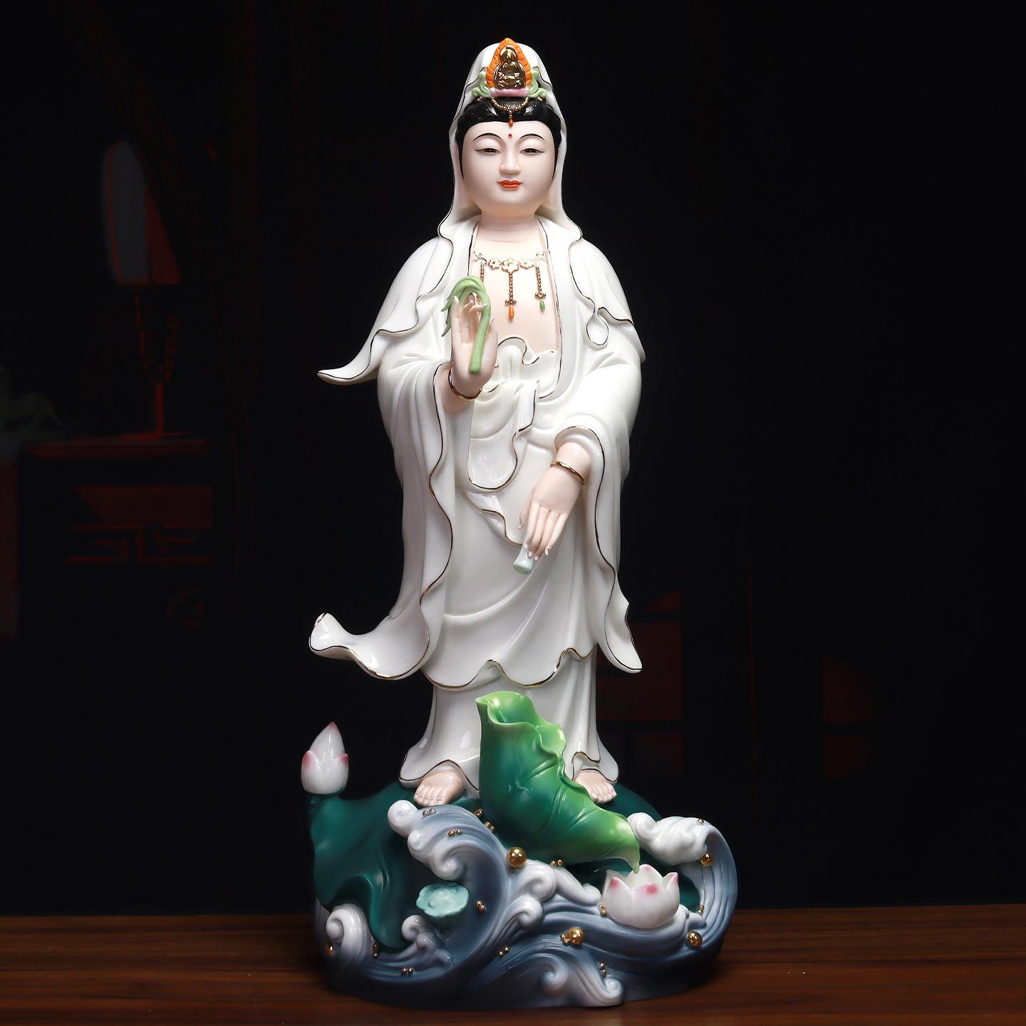 德化陶瓷站式观音菩萨像摆件滴水观音家居供奉佛像摆件站水浪观音