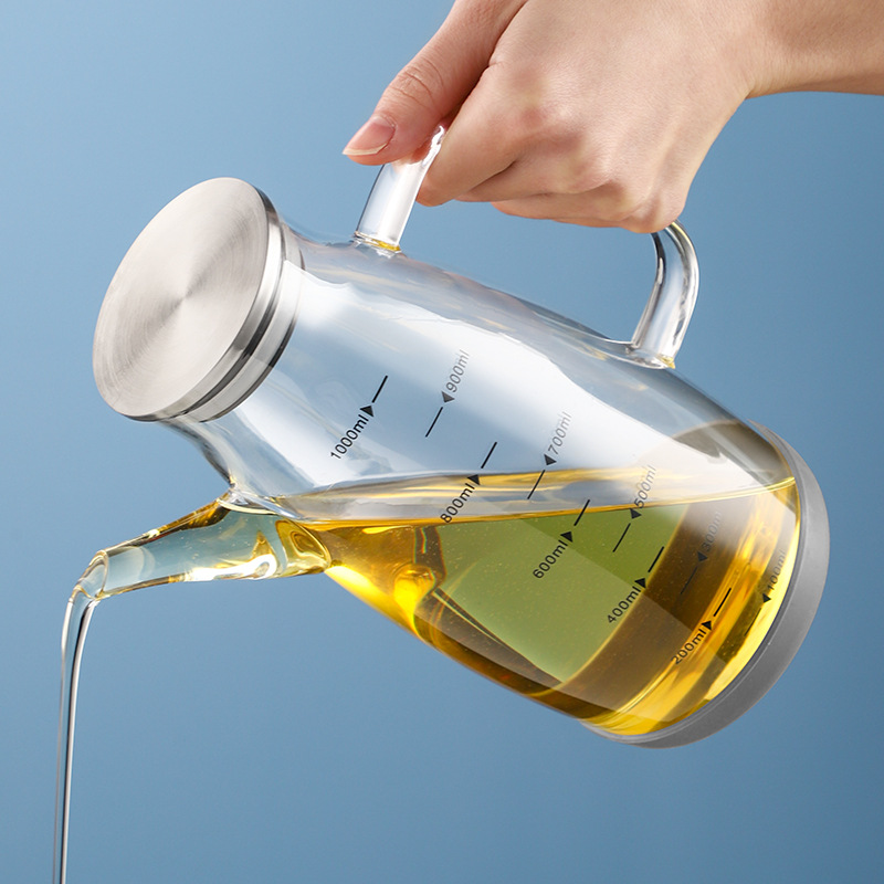 油壶玻璃带刻度1000ml大容量不锈钢盖家用小厨房网红油瓶不挂油