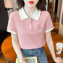 短袖T恤上衣韩国东大门2024夏季女装新款设计感小众拼色纽扣翻领