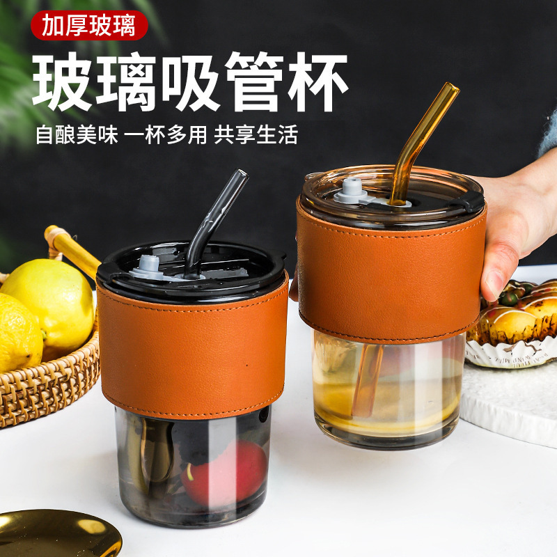 wholesale internet celebrity bamboo joint cup creative transparent glass straw cup portable with cover instagram cup milk coffee cup