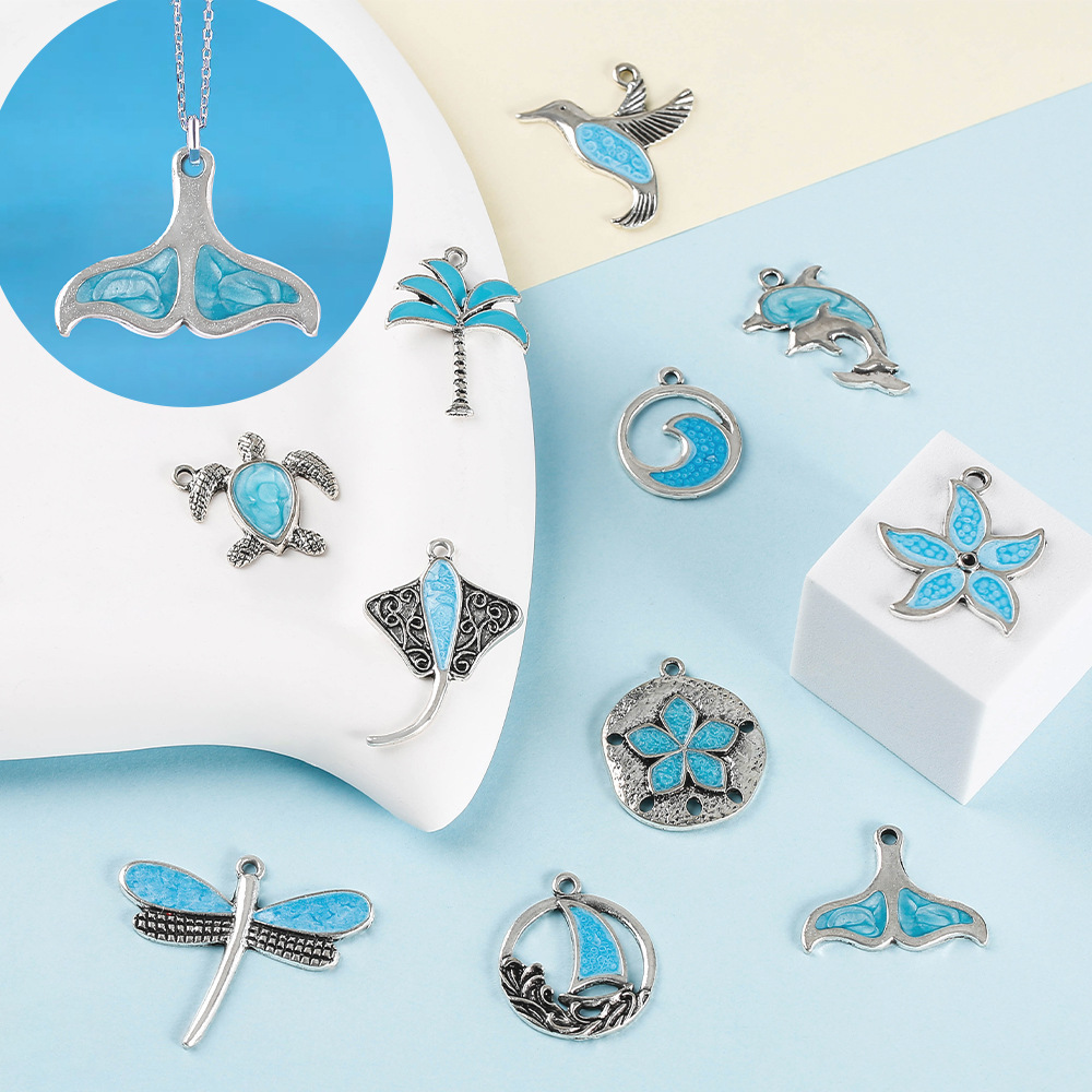 Cross-Border Hot Sale Dripping Oil Blue Animal Series Yiwu Accessories Dolphin Dragonfly Bracelet Necklace Jewelry Diy Material