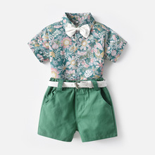 跨境童装 2021夏季花朵短袖欧美男童田园风衬衫短裤两件套 送腰带