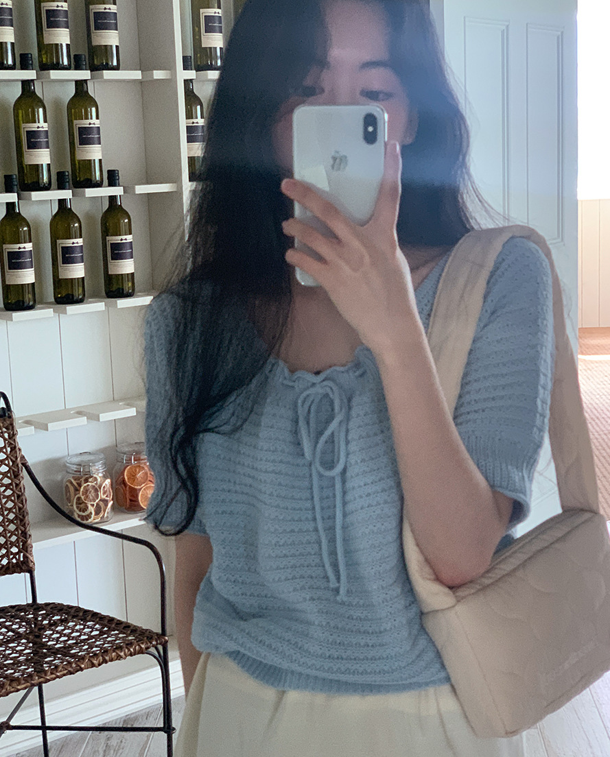 【现货】2024年冬春韩国东大门复古抽绳系带领短袖针织衫ks10288