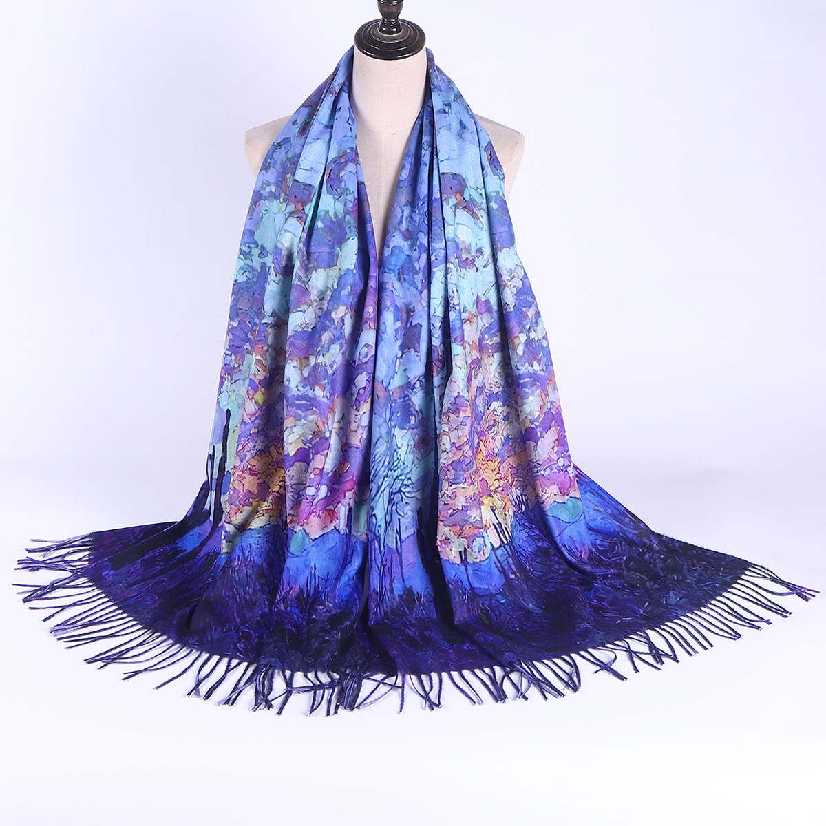 Foreign Trade European and American Cashmere Oil Painting Style Tassel Shawl Female Digital Vintage Print I Oil Painting Tie-Dyed Warm Scarf