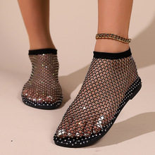 外贸大码女鞋2024夏季新款渔网袜镂空镶钻洞洞鞋性感套脚平底凉鞋