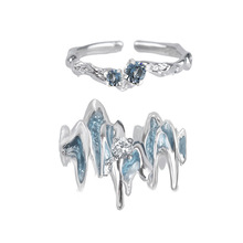 冰川蓝色开口戒指女小众设计潮酷气质时尚简约个性情侣对戒食指环