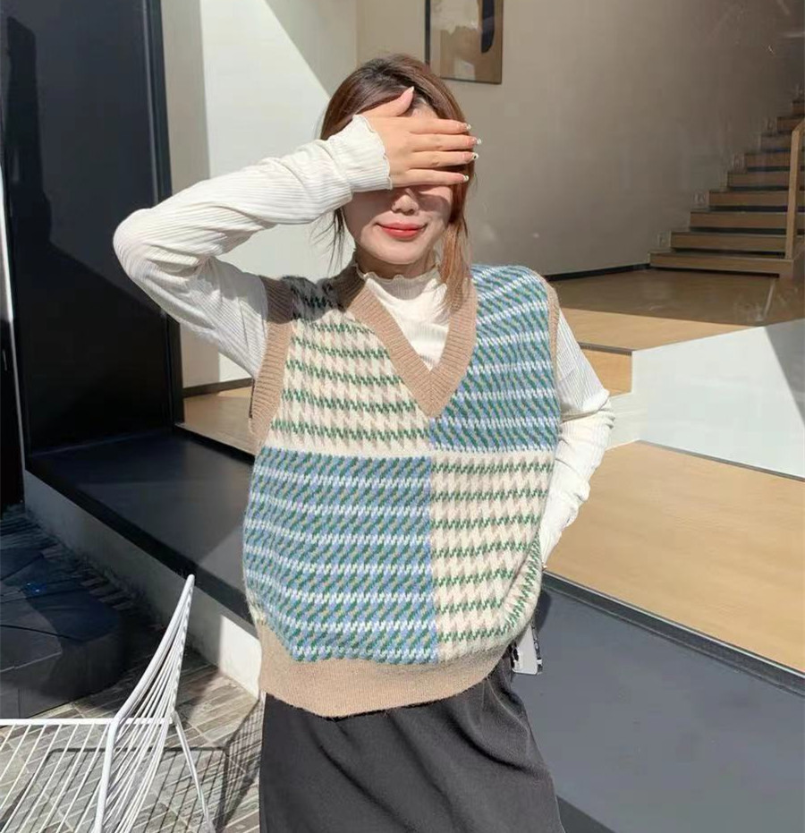 复古拼色毛衣马甲背心女秋冬外穿韩版宽松坎肩无袖马夹针织衫潮