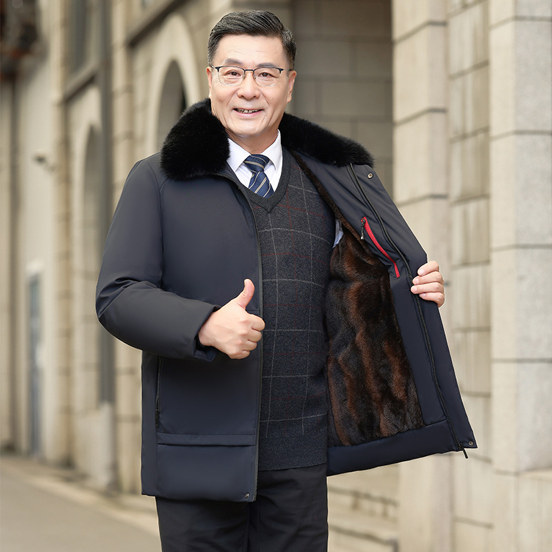 中年男士保暖羽绒棉服中长款爸爸冬装外套加厚棉衣中老年加绒棉袄