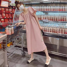 2024夏季新款韩版法式高级感粉色方领连衣裙女宽松显瘦茶歇长裙子