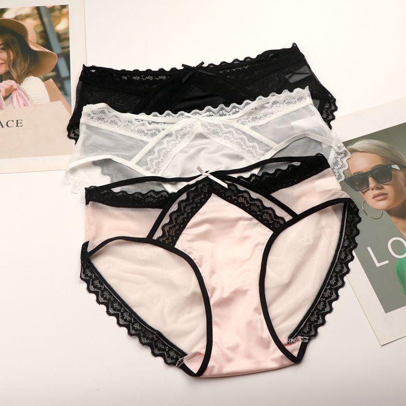 8159爆品欧美缎面蕾丝内裤女士青春包臀诱惑网纱低腰无痕三角裤潮