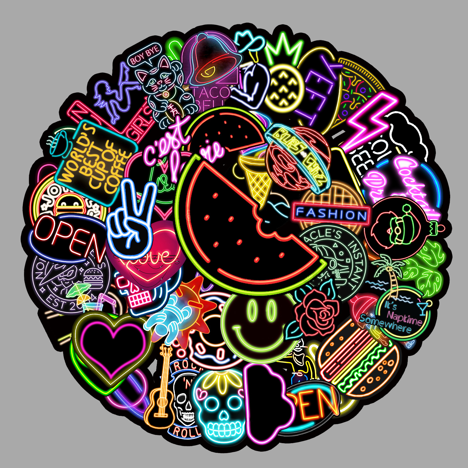 50张霓虹灯创意潮流涂鸦贴纸行李箱笔记本电脑汽车外贸装饰贴纸