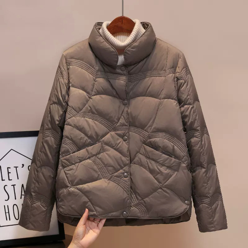 Autumn and Winter Stand-up Collar down Jacket Women's Short White Duck down Warm Winter Clothing Coat Light Retro Artistic Auspicious Cloud