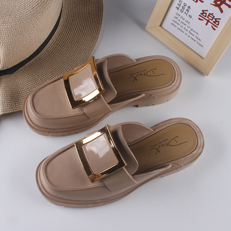 Toe Cap Semi Slipper Summer Outdoor Women's Sandals New Solid Color Square Buckle Women's Fashion Shoes Flat Casual Half Slippers