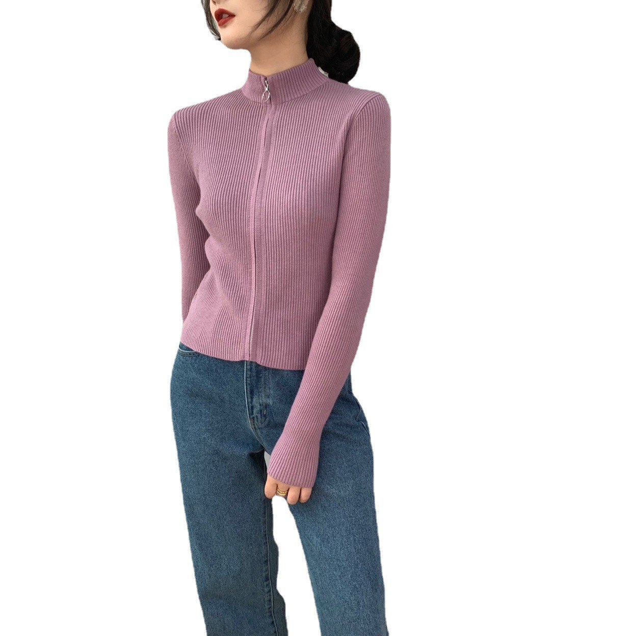 Jia Zhi High Street Girl Wear Zipper Knitted Long-Sleeved Fried Street Sweater 8t8073 Short Elegant Slim Sweater