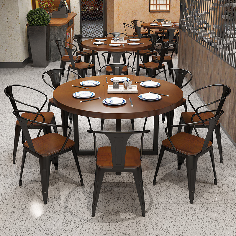 复古餐厅实木圆桌现代简约多人吃饭圆形桌子火锅店包厢餐桌椅组合