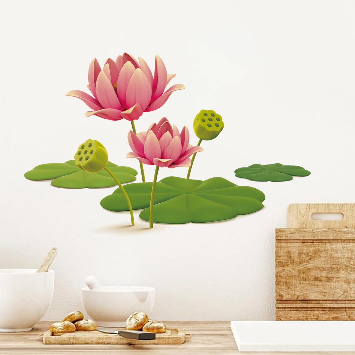 荷花莲蓬自粘墙贴卡通3d国风客厅卧室房间背景墙装饰贴纸br0335c