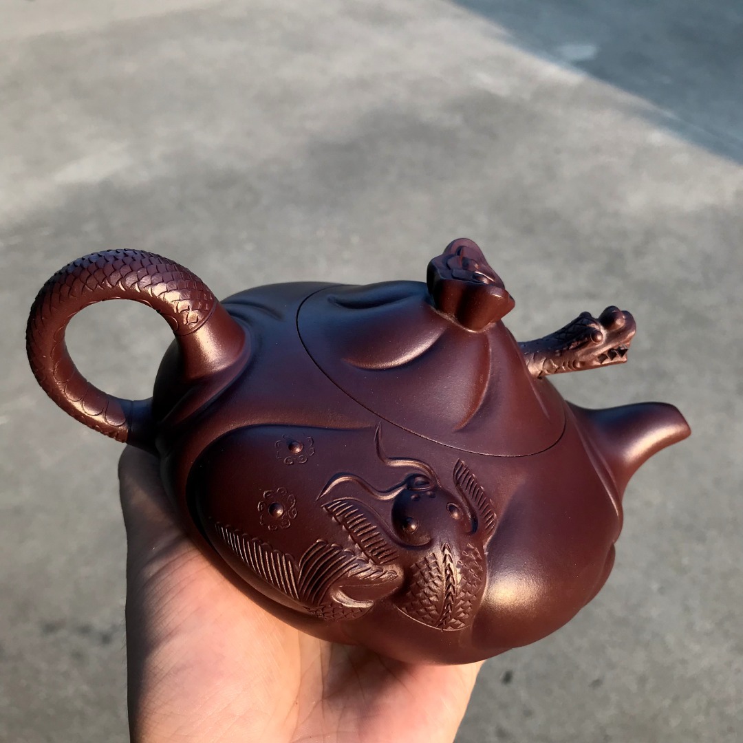 宜兴紫砂壶 名家手工茶壶 丁山100目紫金石红鱼化龙壶 顺丰包邮