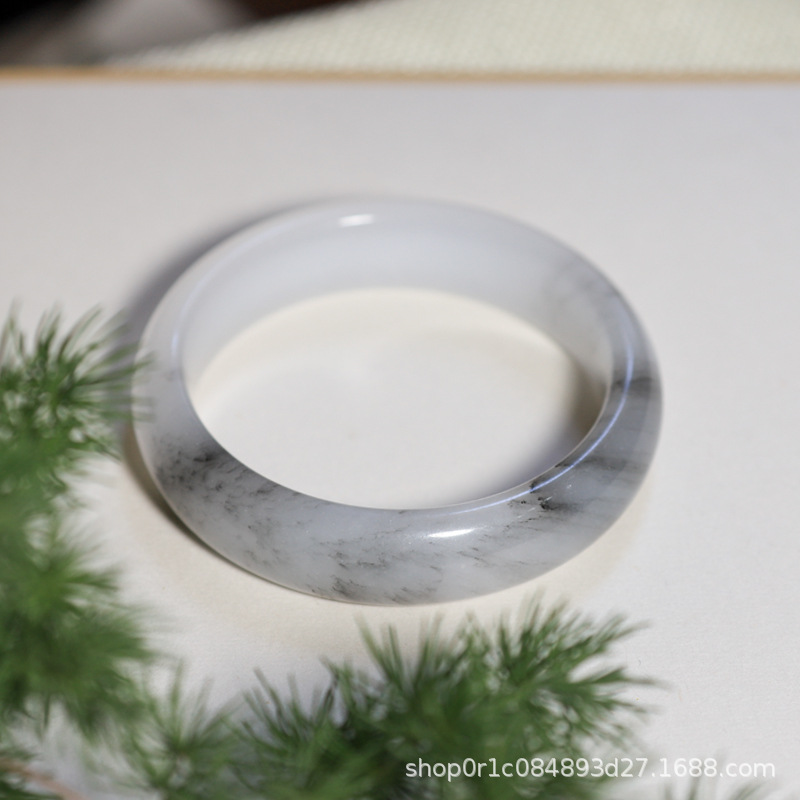 新疆戈壁金丝玉青花手镯女士水墨丹青花中宽女士手镯古风玉镯手镯