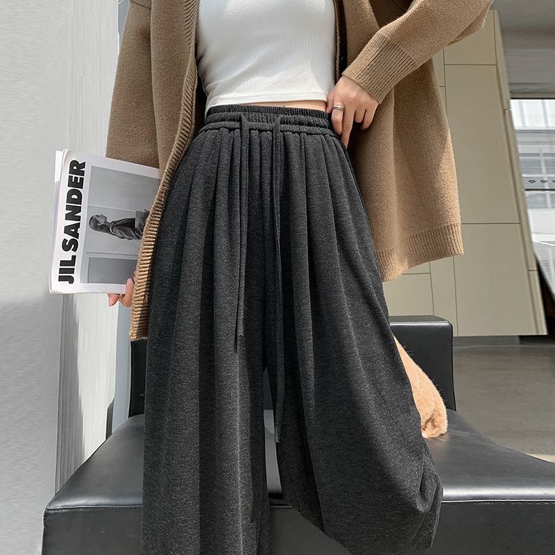 Glutinous Rice Pants Wide-Leg Pants for Women 2023 Autumn High Waist Loose and Slimming Draped Casual Pants Idle Style Knitted Mop Pants