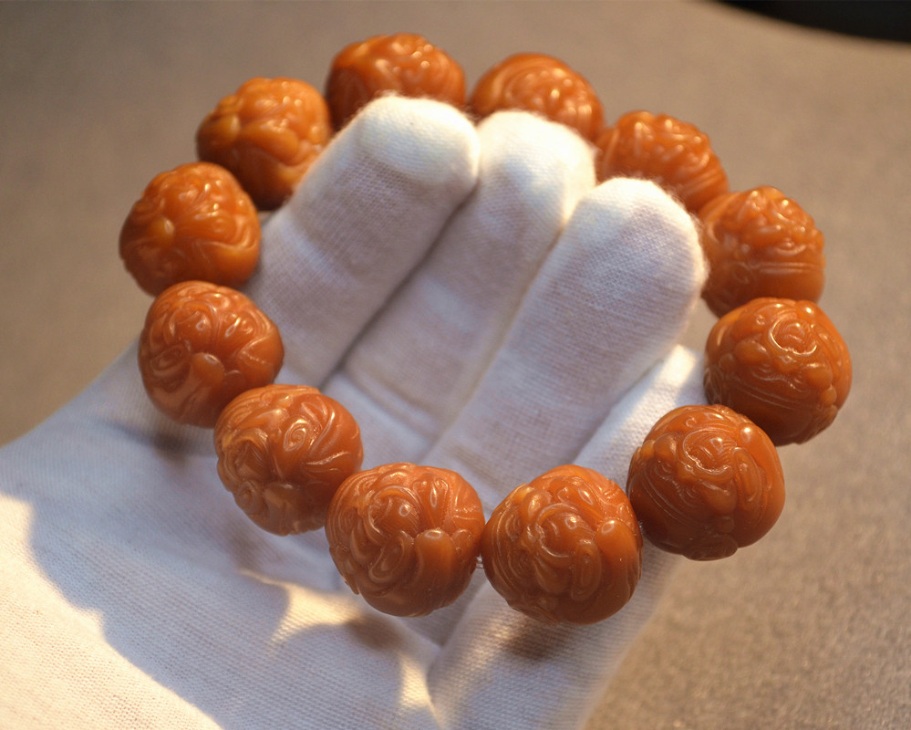 单圈风化黄菩提根雕刻财神手串 男女款菩提子文玩手链