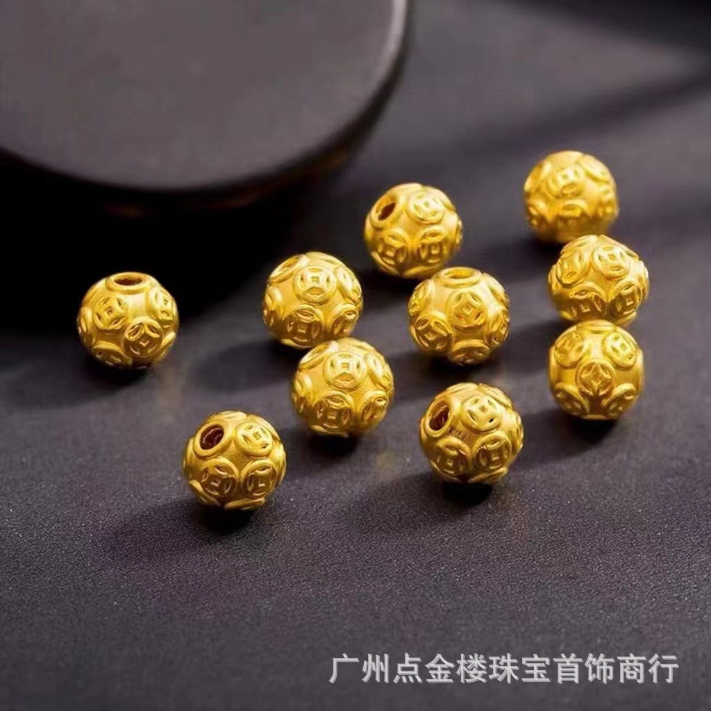 999足金招财铜钱金珠3d硬金钱币转运珠路路通纯金手串手链项链