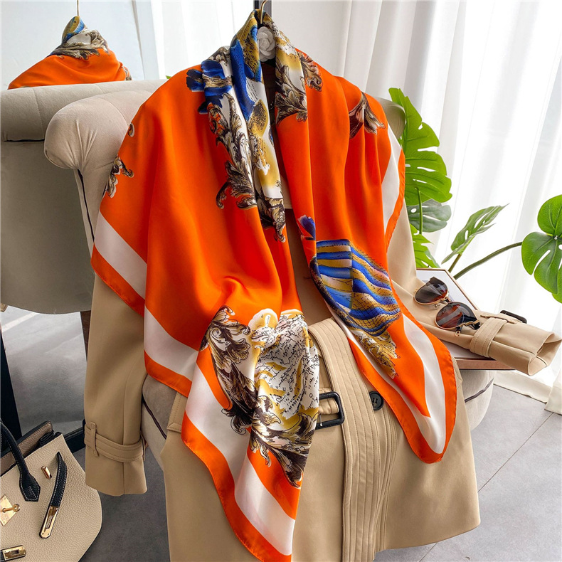 Spring and Summer New Retro Fashion Sunscreen Scarf Yellow Artificial Silk Shawl Holiday Travel Square Towel Beach Towel