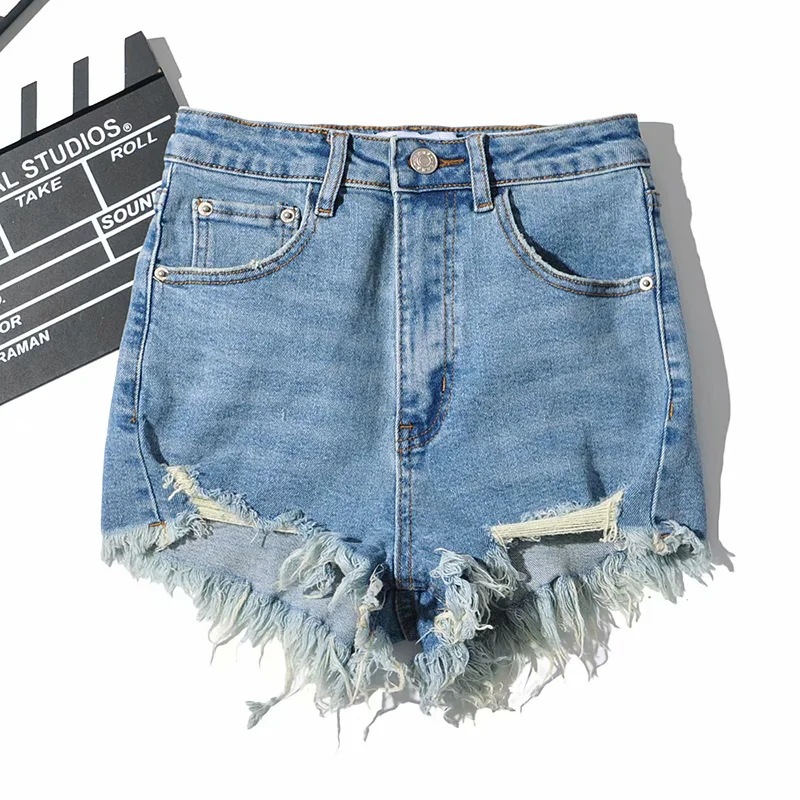 2023 Summer New European and American Style Tight Denim Shorts Women's High Waist Slim Fit Tassel Rough-Edge Wide-Leg Shorts Hot Pants