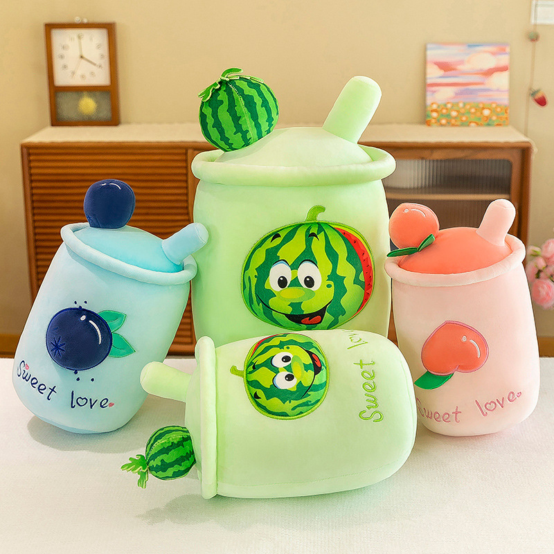 Foreign Trade New Creative Watermelon Peach Blueberry Milky Tea Cup Plush Toy Pillow Factory Cross-Border Wholesale