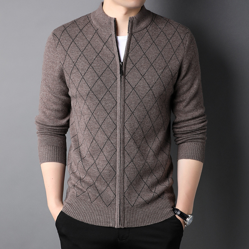 新款男士拉链半高领纯色羊毛衫宽松针织商务休闲开衫外套毛衣加厚