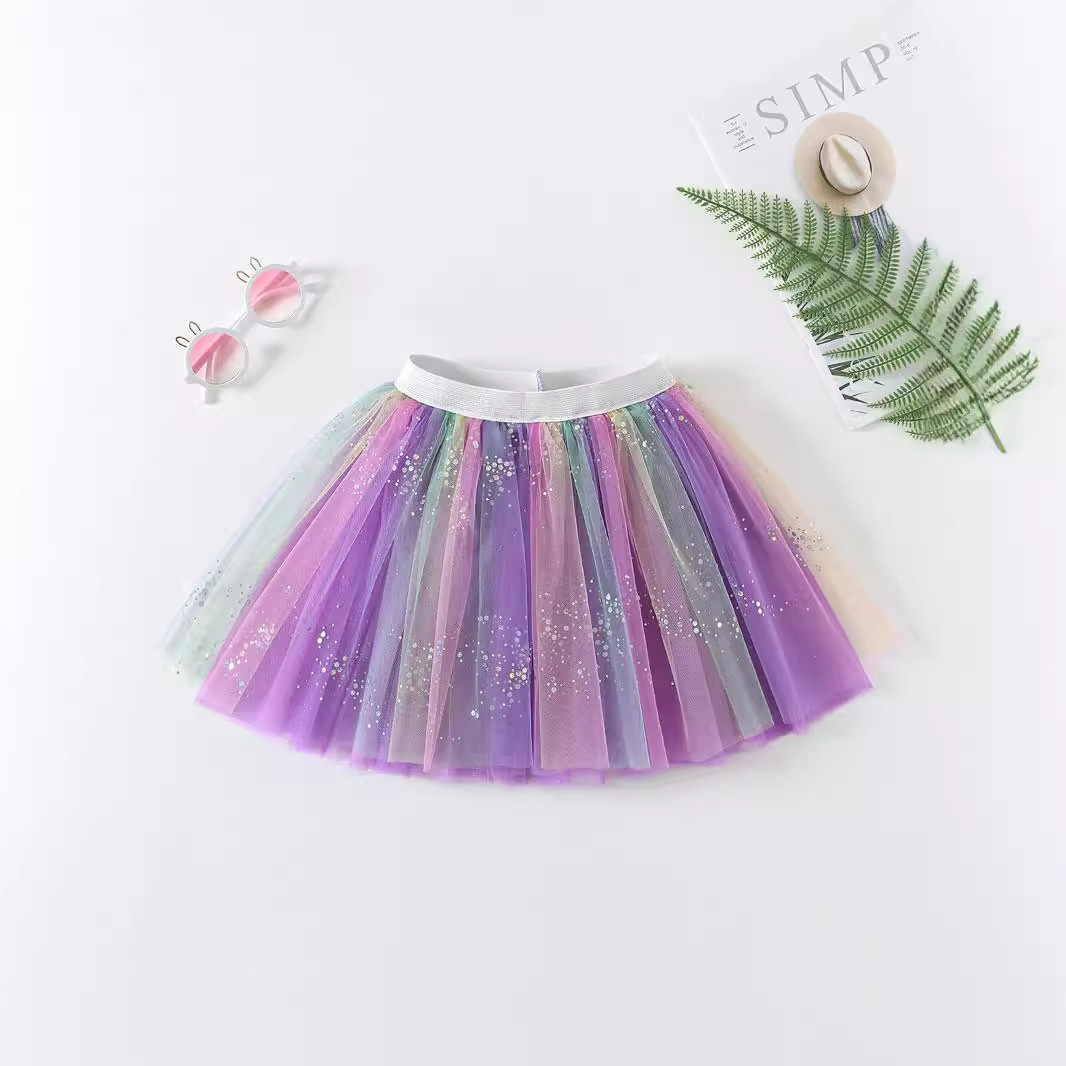 夏季短裙彩虹七彩亮片公主裙中小童3-8岁网纱彩色tutu裙子女童
