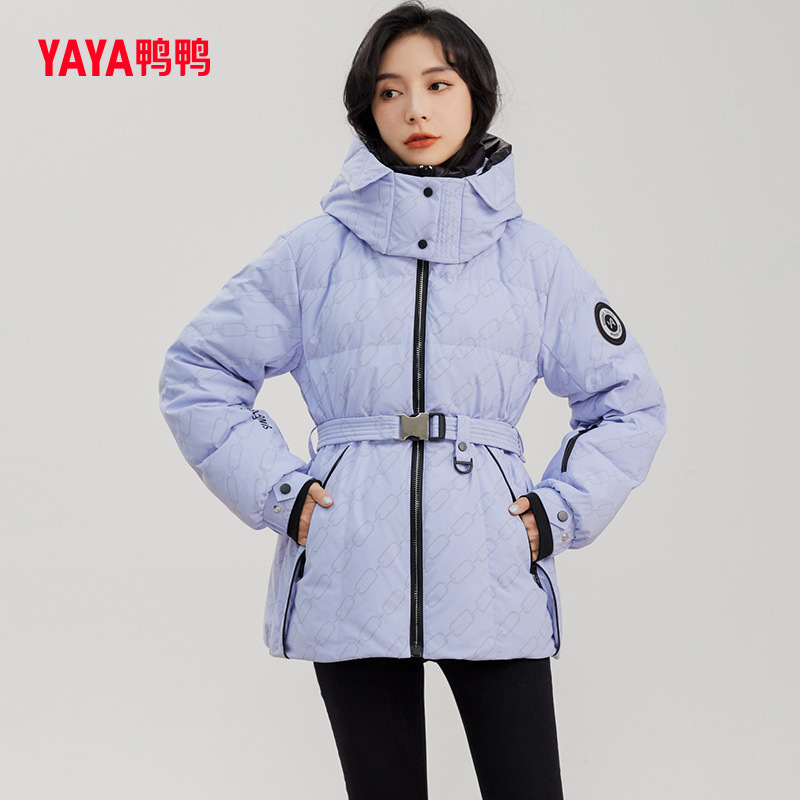 鸭鸭羽绒服女短款2022冬季新款连帽夜光变色logo收腰显瘦鸭绒外套